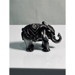 Vintage Ornate Jeweled Elephant Figurine Pewter Tone Rhinestone Good Luck Decor